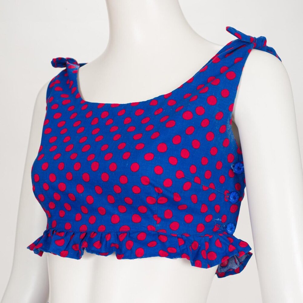 1970s Vintage Red & Blue Polka Dot Ruffled Tie-Up Cotton Crop Top Mini Skirt Set - Picture 3 of 6